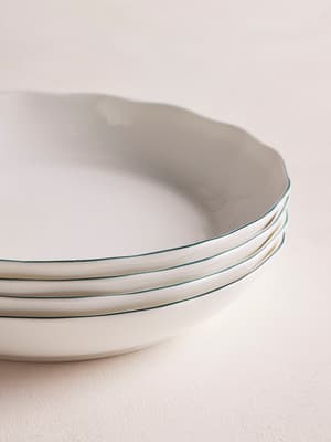 Scalloped Pasta Bowl - Set of 4  - Green Rim - Hover Image