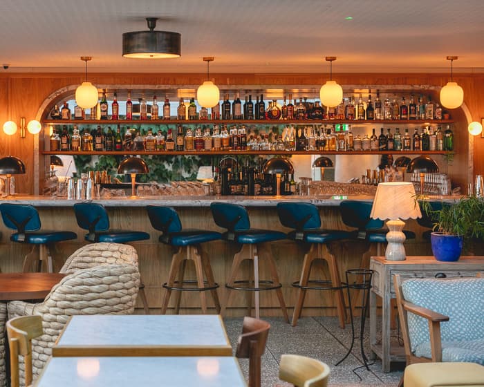 Curved bar counter with blue stools, illuminated by globe lights. Bottles neatly arranged on shelves behind. Wicker chairs and wooden tables in front, plant and lamp on the side.